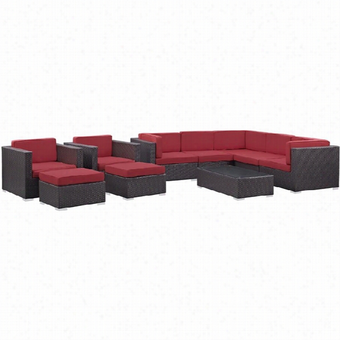 Modway Avia 10 Piece Outdoor Sofa Set In Espresso An Red