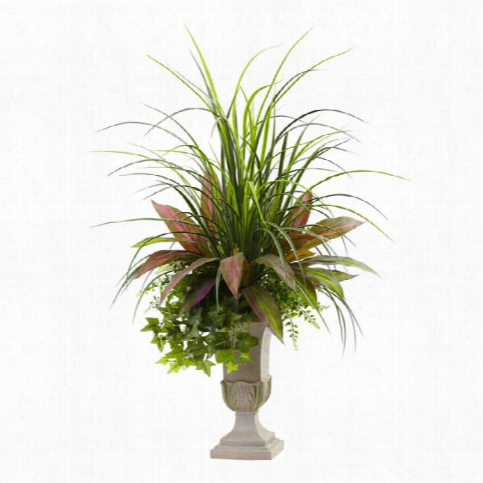 Nearly Natural 3' Mixed Grass Dracena Sage Ivy And Fern With Planter