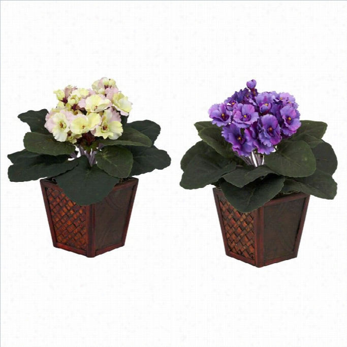 Nearly Natural African Violet Wwith Vase Silk Plantin Purple Cream And Pink (set Of 2)