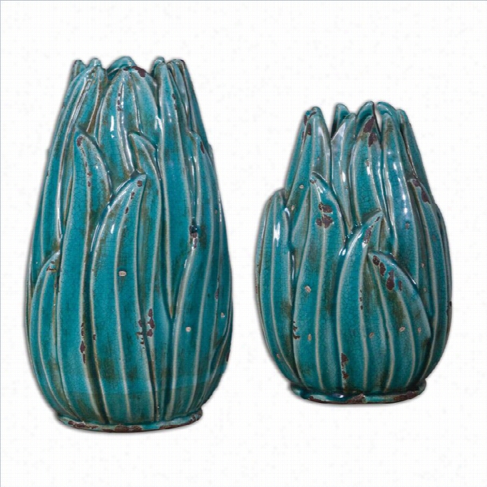 Uttermost Darinel Ceramic Vases In Distressed Teal Blue Ceraic