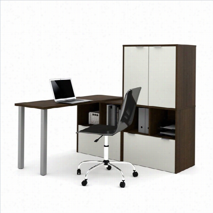 Bestar I3 L-shaped Desk In Tuxedo And Sandstone