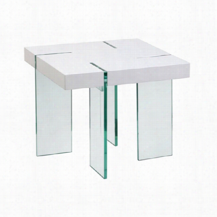 Diamnd Sofa Square End Table With Glass Legs In White Lacqqjer