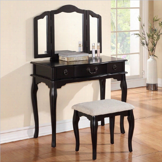 Poundex Bobkona Susana Mirror Vanity Table With Stool Place In Black