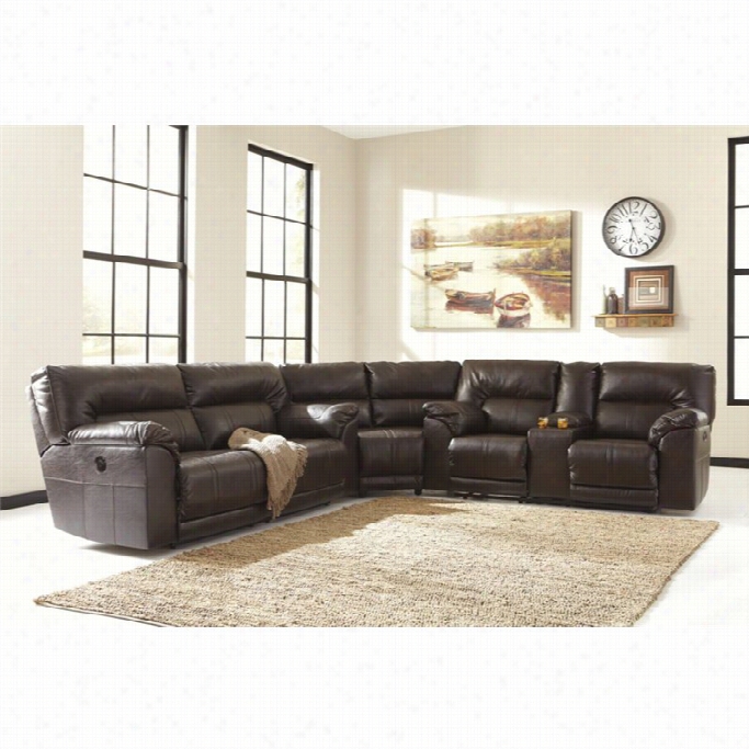 Ashley Barrettsville Power Leather Reclining Sectionall In Brown