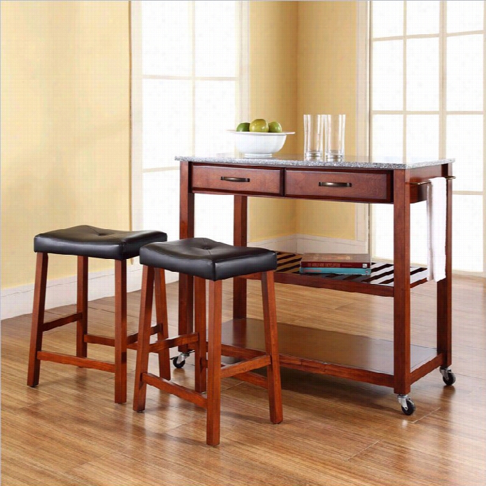 Crosley Furnitture  Solid Granite Top Kitche N Cart/island With Stools In Classic Chrery