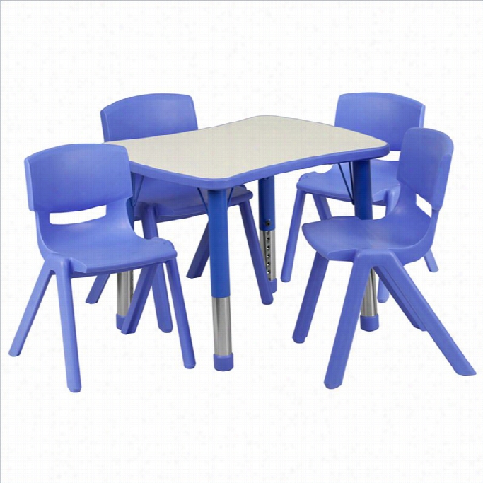 Flash Furniiture Curved Rectangular Plastic Intensity Tabl Setwith 4 School Stack Chairs In Blue