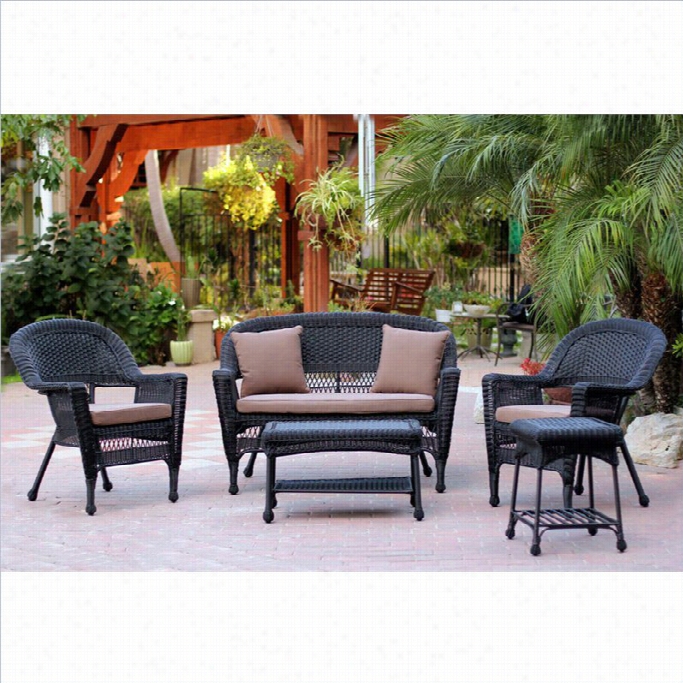 Jeco 5pc W1cke Rconversation Set In Black With Brown Cushions