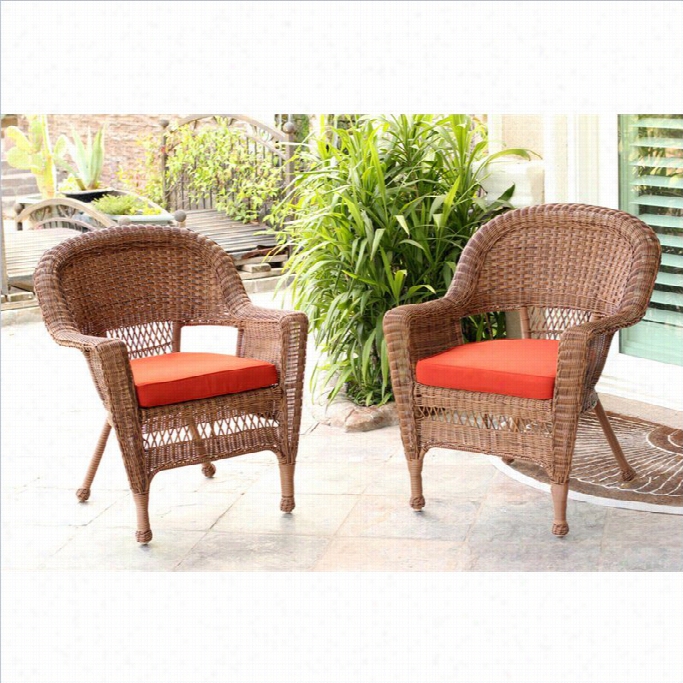 Jeco Iwcker Chair In  Honey Wtih Red Cushino(set Of  2)