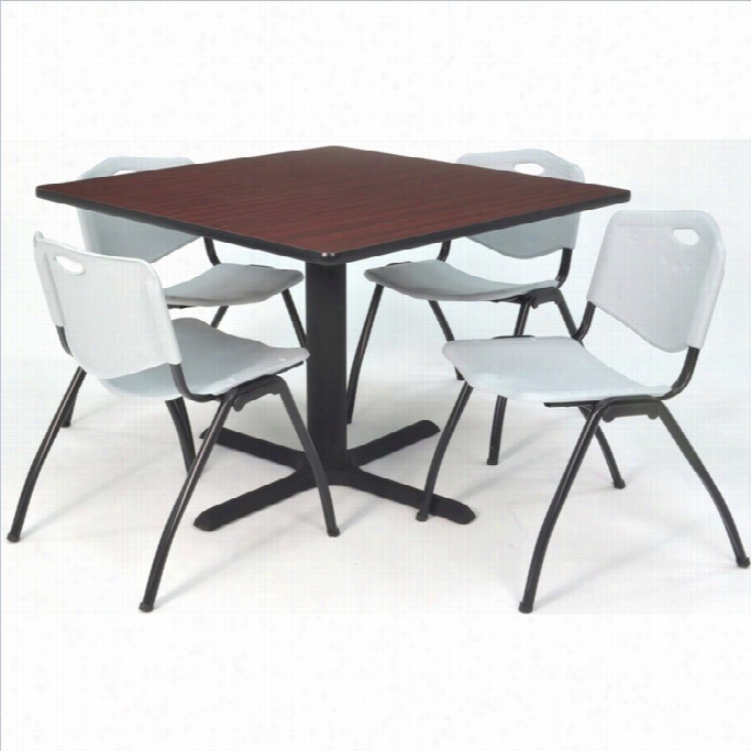 Rule Square Lunchroom Table And 4 Gey M Stack Chairs In Mahogany