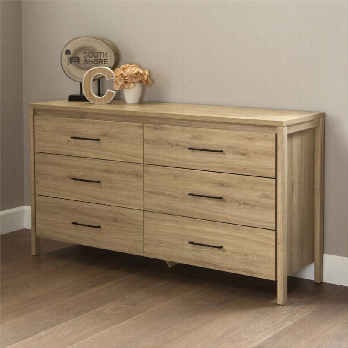 South Shore Gravity 6 Drawer Wood Double Dresser In Rustic Oak