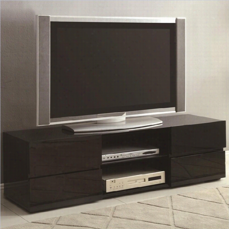 Coaster 56 High Gloss Tv Stand In Black With Glass Shelf