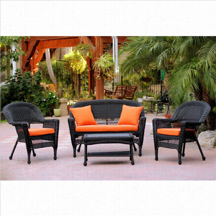 Jec O4pc Wicker Conversation Set In Lack With Rbick Orange Cushions