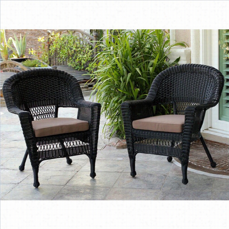 Jeco Wicker Chair In Black With Broown Cushion (set Of 2)