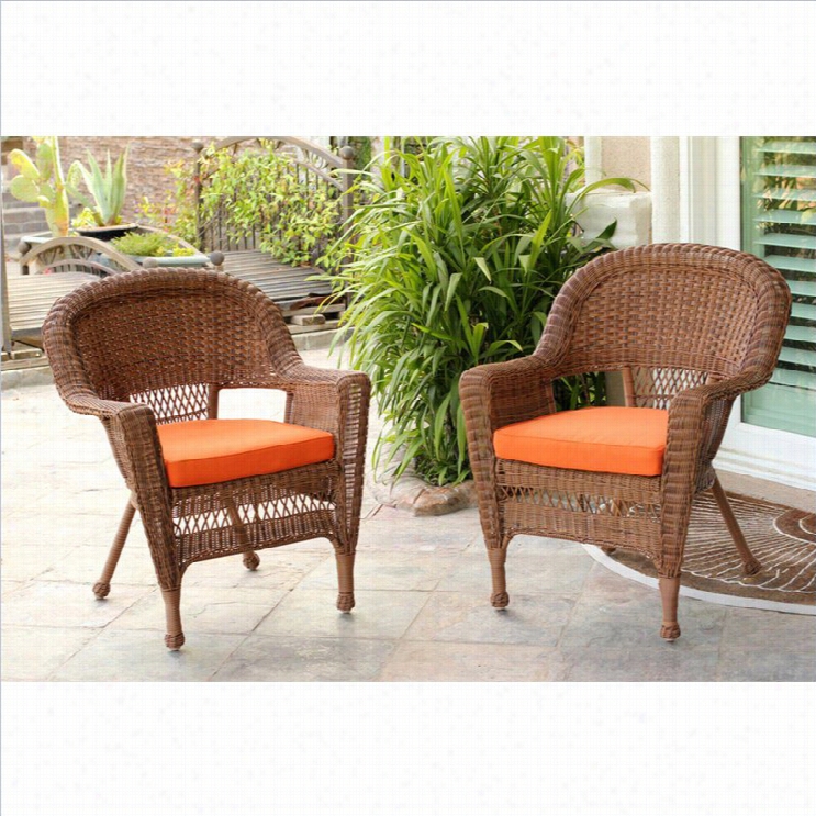 Jeco Wic Ker Chair In Honey With Orange Cushion (set Of 2)