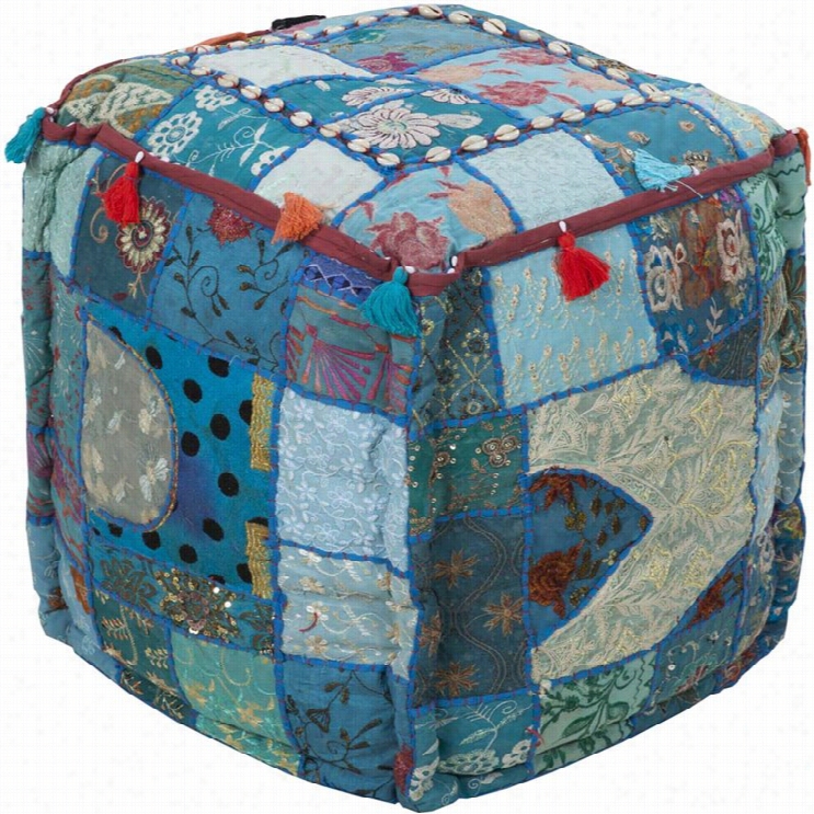 Surya Cotton Cube Pouf Ottoman In Blue