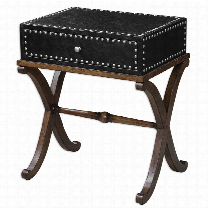 Uttermost Lok Black Faux Leather Accst Table In Antique Walnut