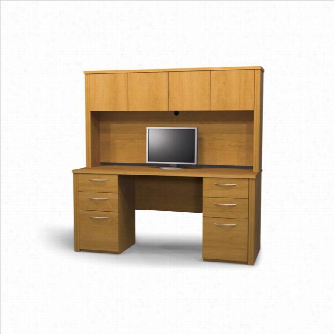 Bestar Embassy Home Office Wood Credenza Desk Set Through  Hutch In Cappuccino Cherry