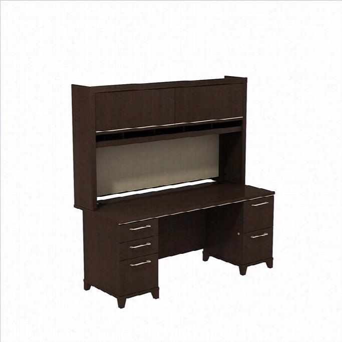 Bush Bbf Enterprise 72 Desk With Credenza And Hutch In Mocha Cherry