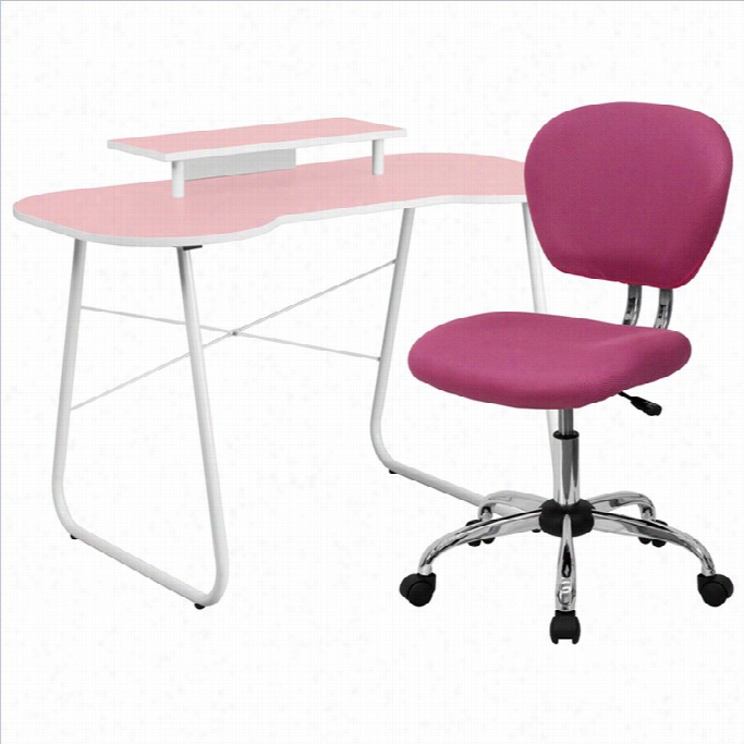 Flash Furniture Computer Dek With Monitor Stand And Swivel Chair In Pink