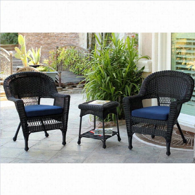 Jeco 3pc Wicker Ch Air And Extremity Table In Black Fix Wity Blue Cushion