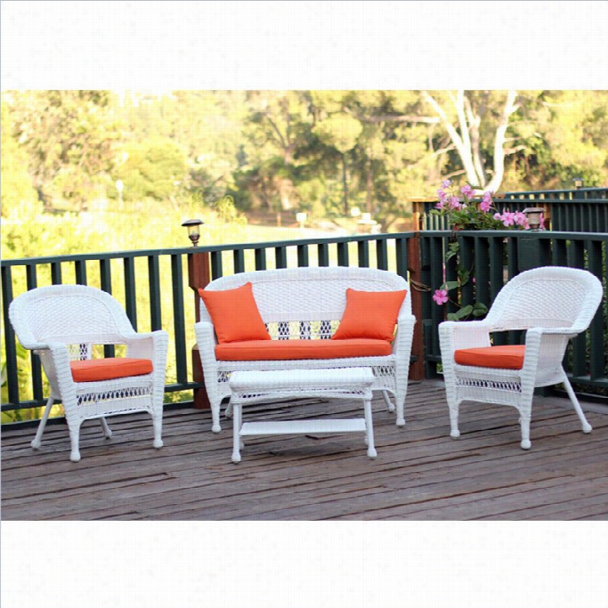 Jeco 4pc Wicker Conversatoon Set In White With Brick Orang E Cushions