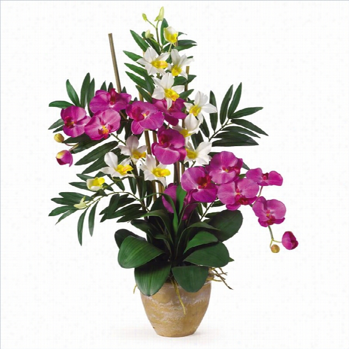 Nearly Natural Double Phal Ad Dendrobium Silk Flower Arrangement In Orchid Cream