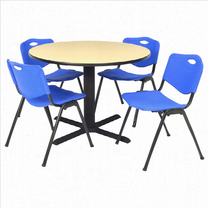 Regency Round Table With 4 M Stack Chairs In Beige And Blue-30 Inch