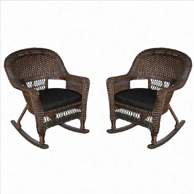 Jeco Rocker Wicker Chair In Espresso With Black Cushion (set Of 2)