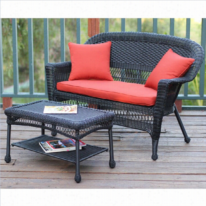 Jeco Wicker Patio Love Seat And Coffee Table Set In Black With Red Orange Cushion