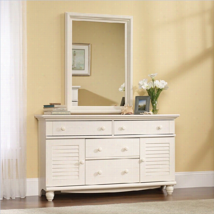 Sauder Harbor Viev Dresser And Mirror Set In Antiqued White