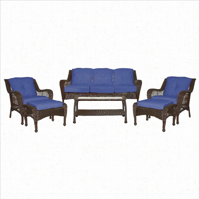 Jeco 6pc Wicker Seating Set In Espresso With Blue Cushions