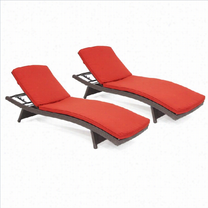 Jeco Wicker Adjustable Chaise Lounger In Espresso With Red Cushion