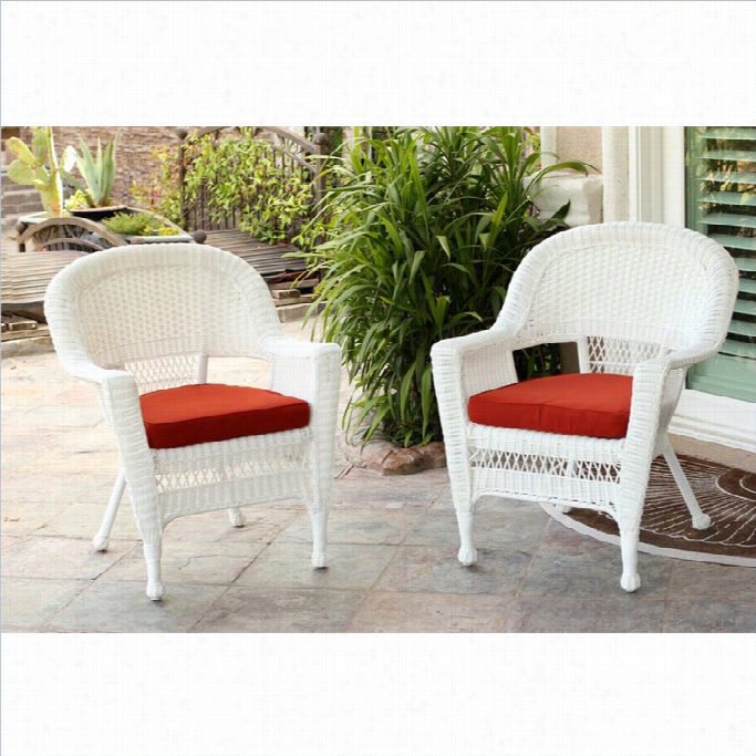 Jeco Wicker Chair In White With Red Cushjon (set Of 4)