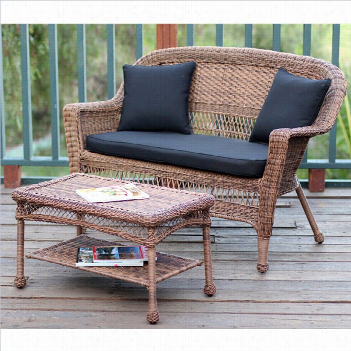 Jeco Wicker Patio Love Seat And Coffee Table Set In Honey Wit Hblack Cushhion