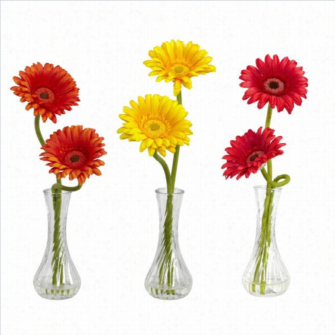 Nearly Natural Gerbber Daisy With Bud Vase (set Of 3)