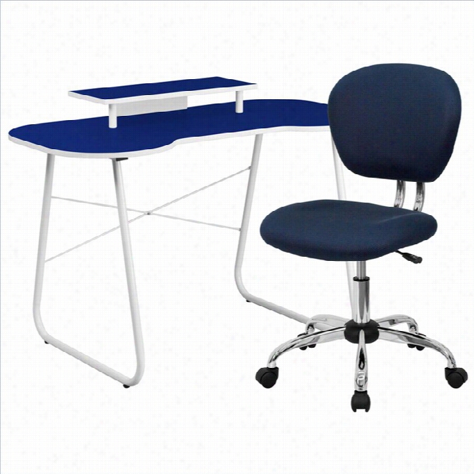 Flssh Furniture Ccomputer Desk With Monitor Stadn And Swivel Chair In Nav