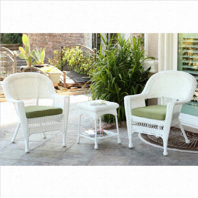 Jeco 3pc White Wicker Chair And End Slab Set In White With Inexperienced Chair Cushion