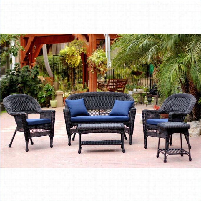 Jeco 5pc Wicker Conversation Set In Black Witth Blue Cushions