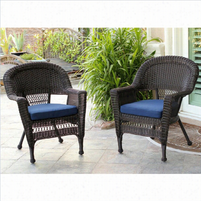 Jeco Wicker Chair In Espresso With Blue Cushion (set Of 2)