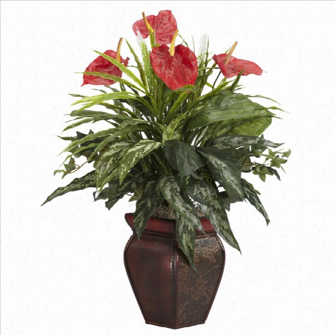 Nearlyn Atural Mixed Greens And Anthuri Um With Ddecoorative Vase Silk Plant In Green