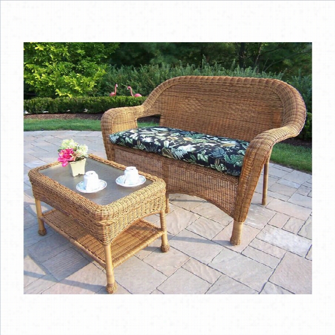 Oakland Living Resin Wicker 2 Piece Patio Loveseat And Coffee Table Setw Ith Cushions