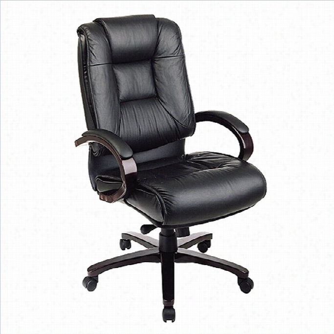 Office Star High Bacck Leather Office Chair With Padded Mahogany Finish Arms