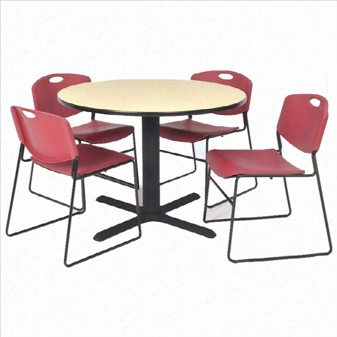 Rule Round Table With 4 Zeng Stack Chairs In Maple And Burgundy-30