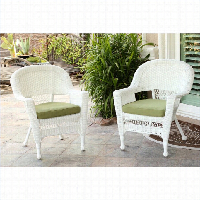 Jeco Wicker Cair In White With Green Cushion (plant Of 4)