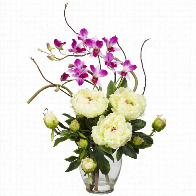 Nearly Natural Peony And Orchid Silk Flower Arrangement In White