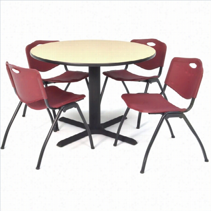 Regency  Round Lunchrlom Tabe And 4 Burgundy M Stack Chairs In Bige