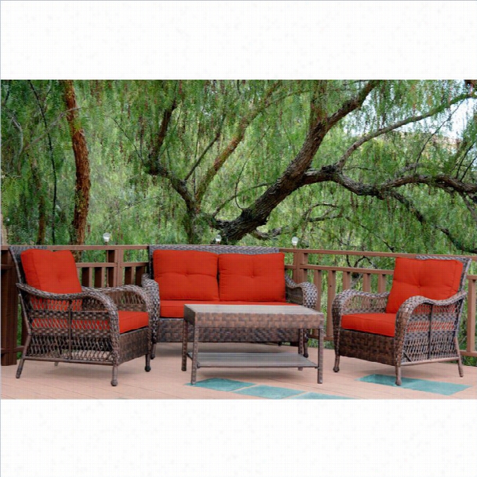 Jeco 4pc Cromwell Wicker Conversation Set In Espresso With Red Cushions