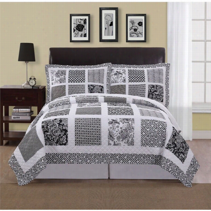 Pem  America Window Pane Quilt With 2 Shams N Black And White-full Or Queen