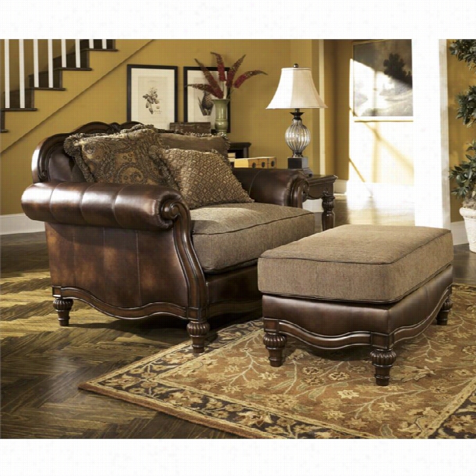 Ashley Claremore Fux Leather Oversized Chair With Ottoman In Antique