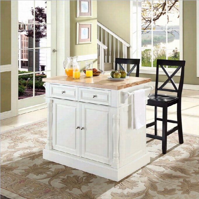 Crosley Oxford Butcher Block Kitchen Island With Stools In White